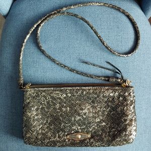 Elliott Lucca Two Tone Woven Black Leather Clutch with Detachable Shoulder Strap